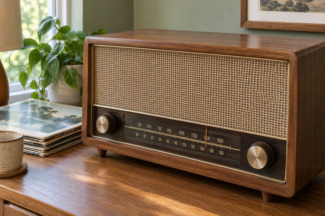 Audio retro: radios, tocadiscos y sonido con conexiones claras: imagen editorial ilustrativa