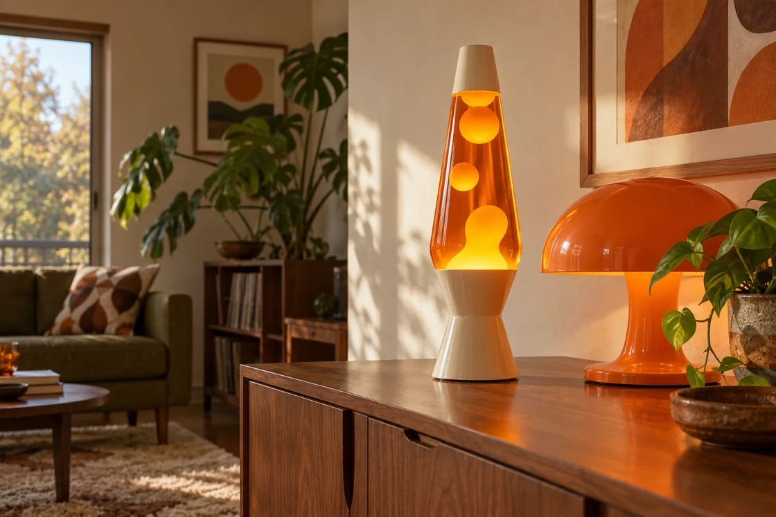 Hogar retro: luz, relojes, ventiladores y teléfonos: imagen editorial ilustrativa