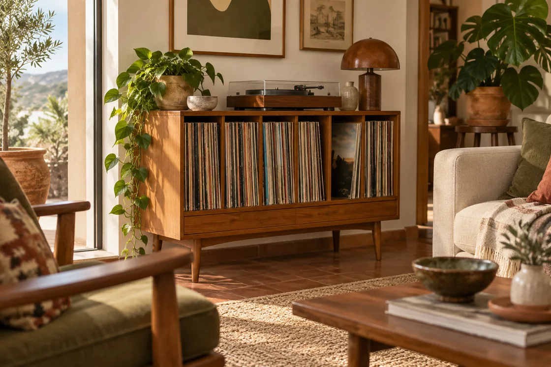 Muebles para vinilos y tocadiscos: medidas, carga y espacio: imagen editorial ilustrativa